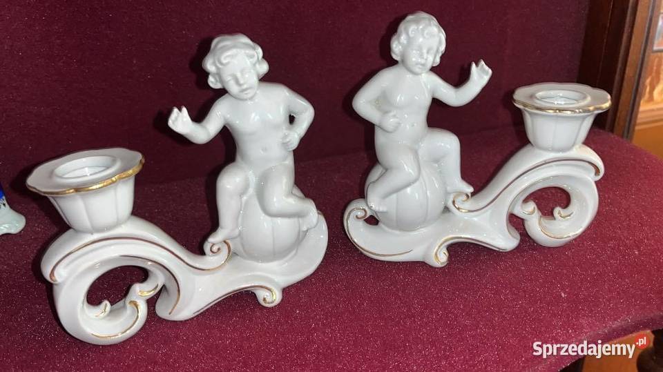 2Białe świeczniki z Putto lustrzane kominkowe Gdańsk sprzedam