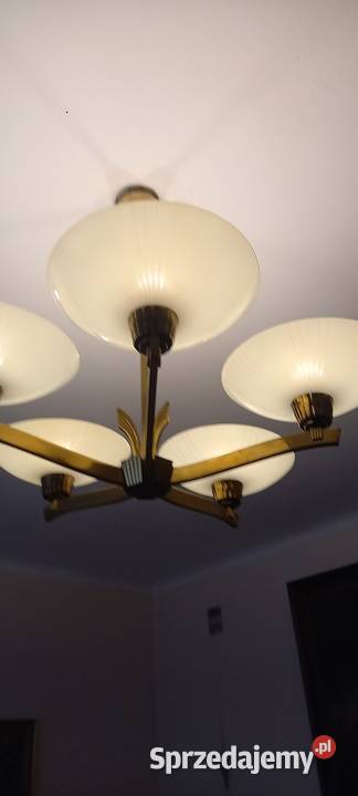 Mosiężny pięcioramienny żyrandol z kloszami w Antyki Skierniewice