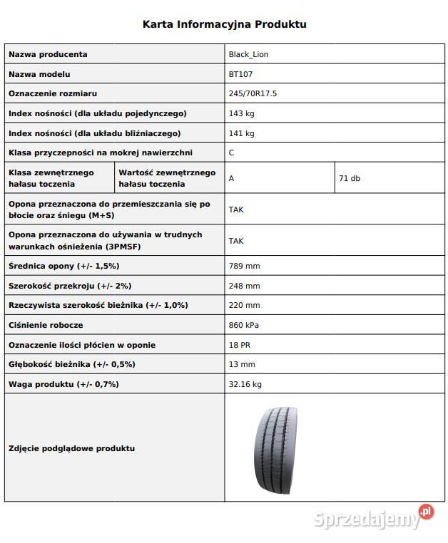 Opona naczepowa 24570 R175 BlackLion BT107 Nowa Zarębki