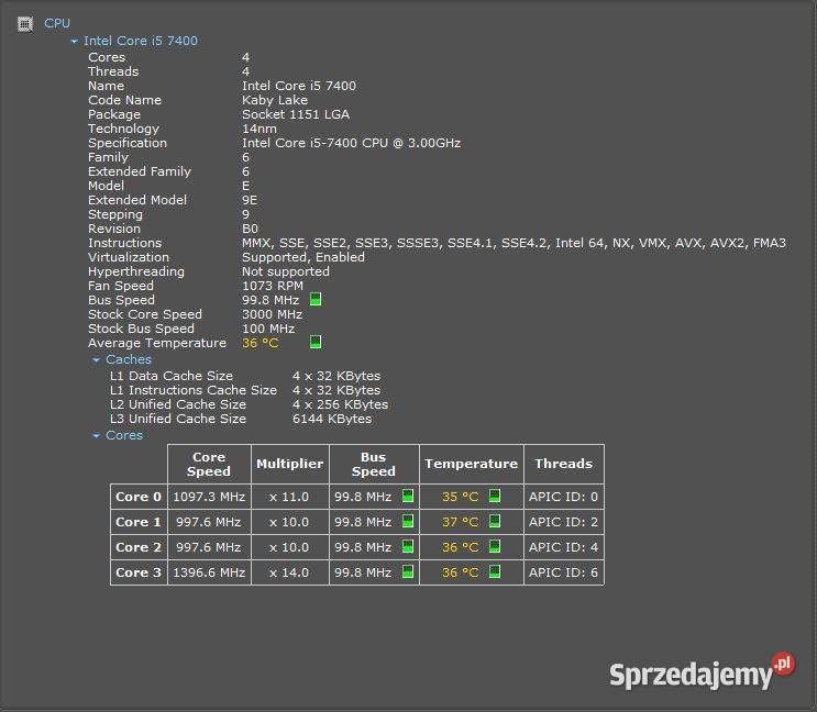 Intel Core i5 7400 3000 GHz Acer Aspire TC780 Taktowanie procesora 7400 Pozostałe Międzychód