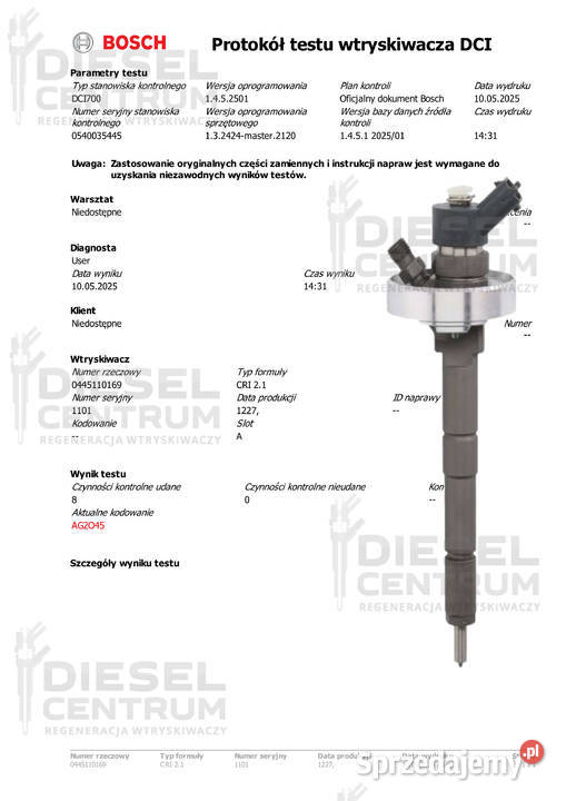 WTRYSKIWACZE BOSCH KOMPLET 4 SZTUK 0445110169 Miszewo sprzedam