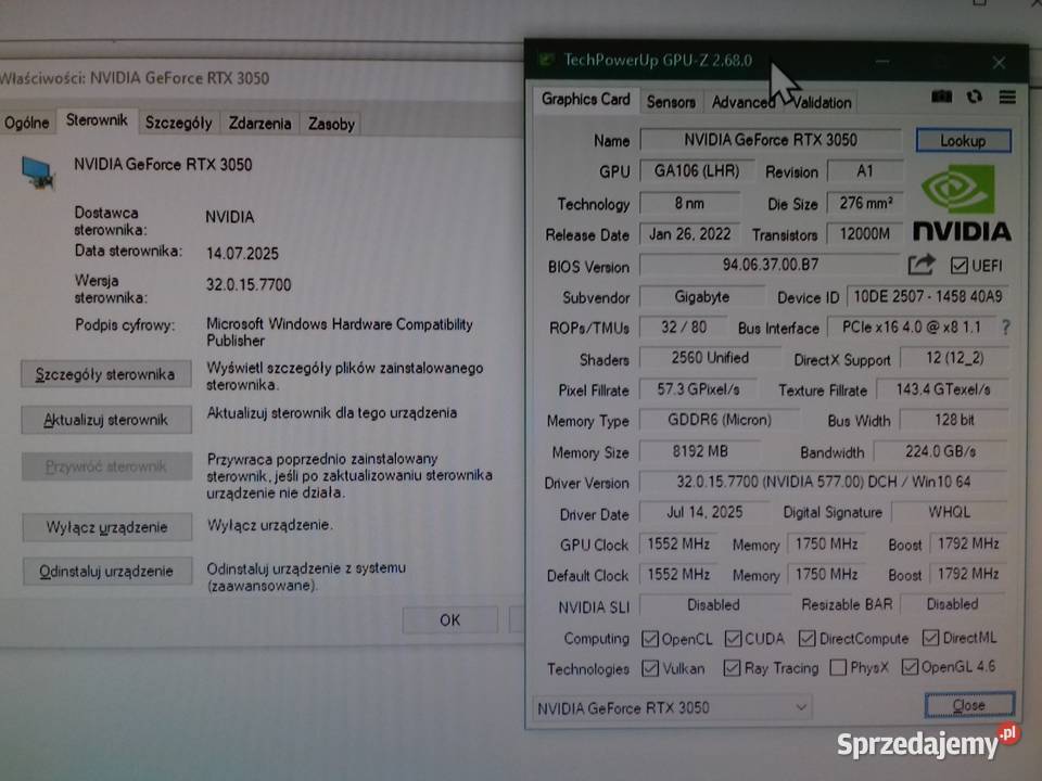 Gigabyte GeForce RTX 3050 EAGLE OC 8G 2xHDMI kujawsko-pomorskie Bydgoszcz sprzedam