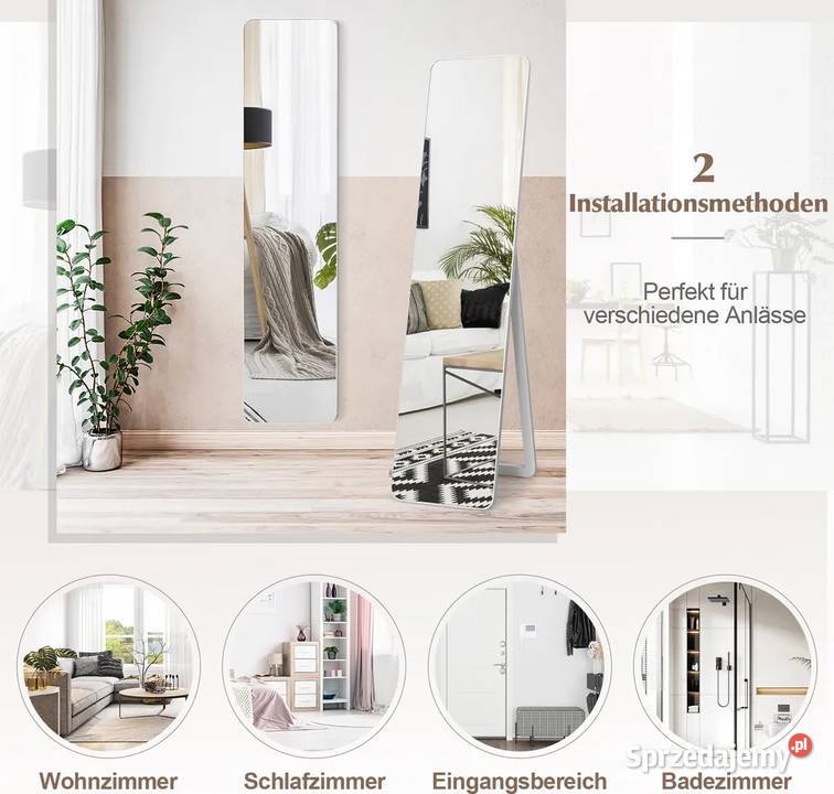 Białe Lustro wolnostojące 37 x 160 z drewnianą