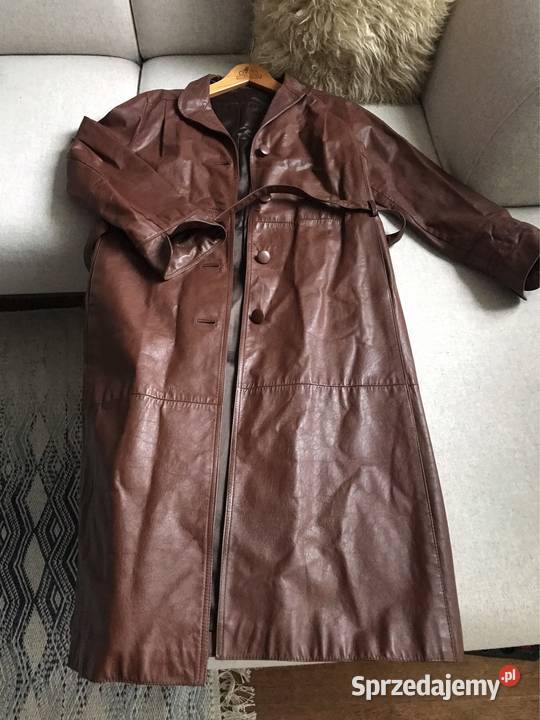 Długi damski skórzany płaszcz vintage PRL Renoma
