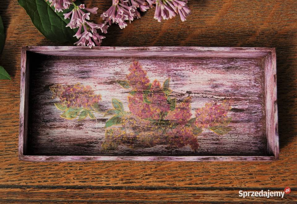 Rustykalna podstawka tacka kwiaty bzy decoupage odcienie fioletowego Lublin