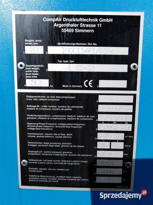 Sprężarka COMPAIR L2213 22kW 258mmin S005253 Wilków sprzedam