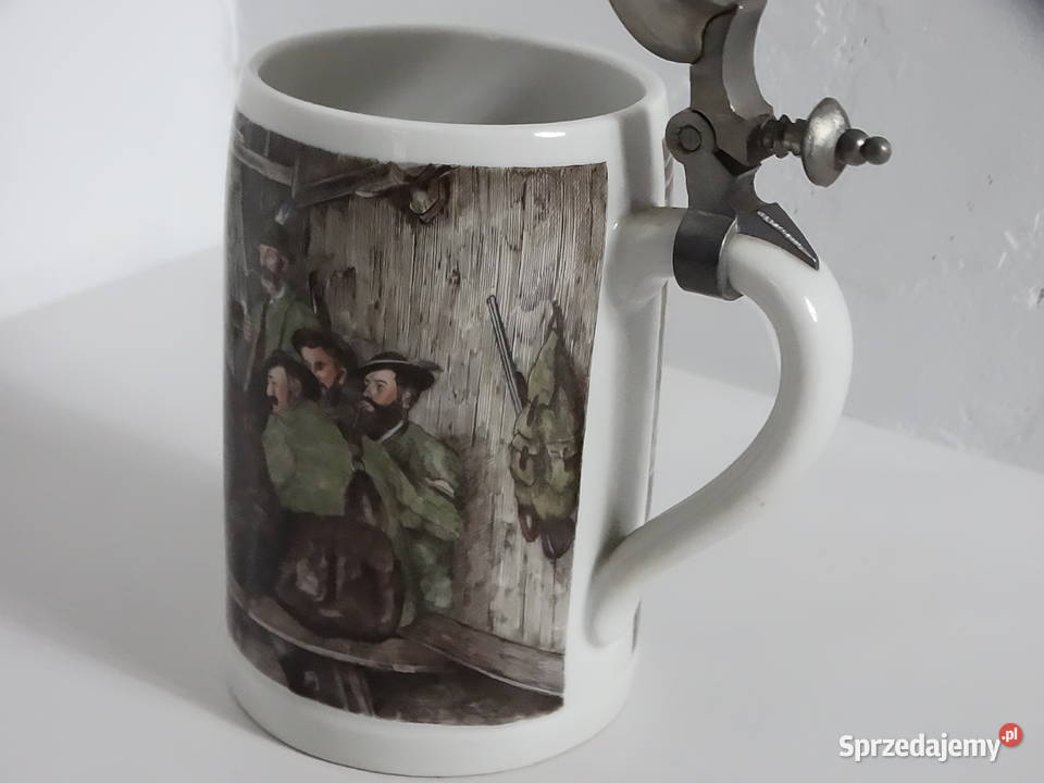 Zabytkowy porcelanowy kufel z cynową pokrywką lubelskie Biłgoraj