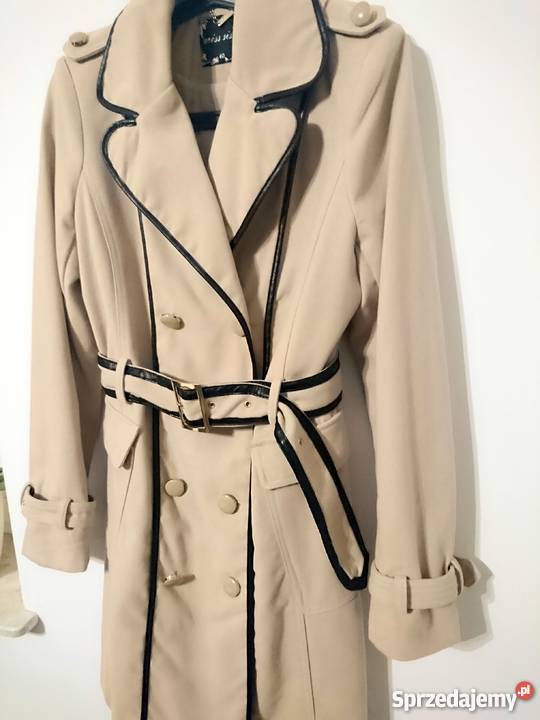 Płaszcz beż lamówki skóra dwurzędowy pagony 38 Inny materiał Gdańsk