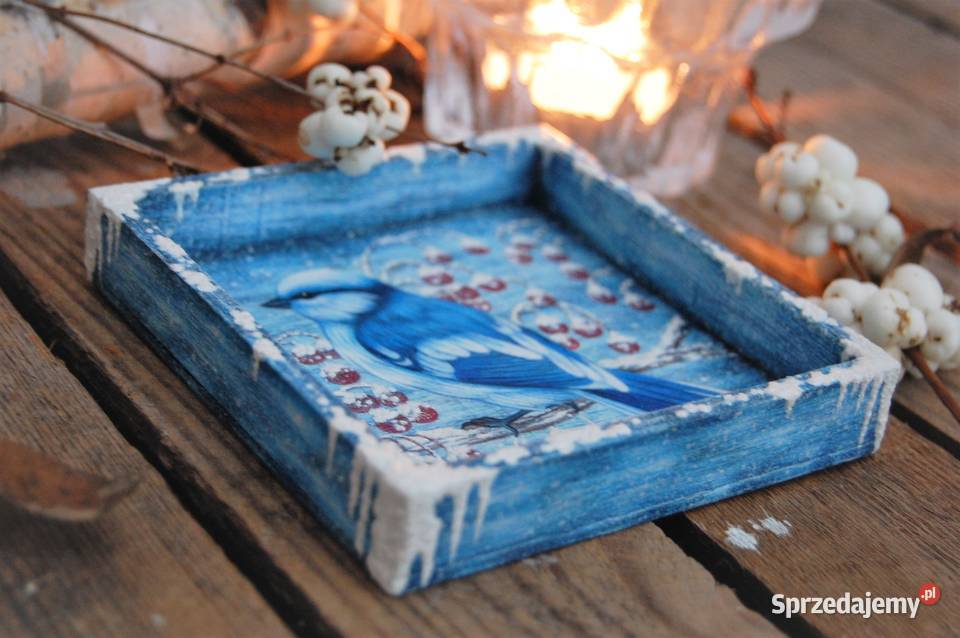 Drewniana tacka malowana ptak sikora lazurowa lubelskie Lublin