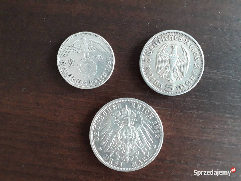 monety 2 MARK 1939r 3 Mark 1912r 5 Mark 1935r Szczecin