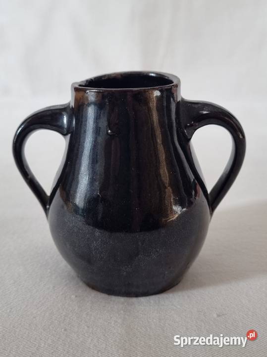Mały ceramiczny czarny wazonik z 2 uchami czarny
