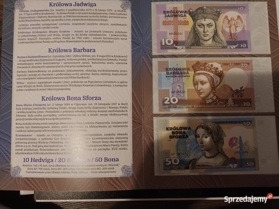 Banknoty Jadwiga Barbara Bona Królowe Polski