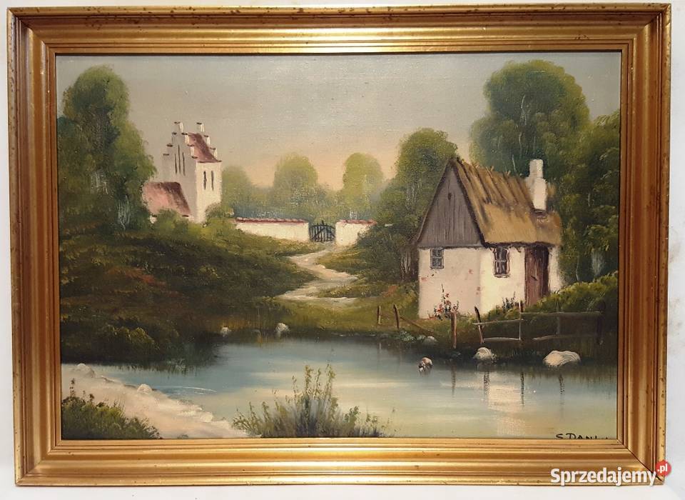 Stary ładny olejny na płótnie Wiejski pejzaż w