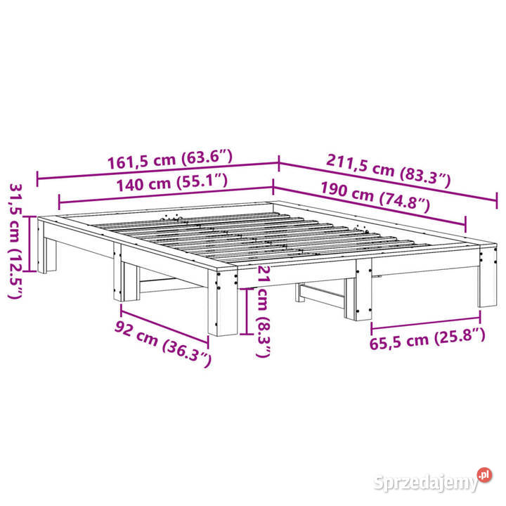 Rama łóżka bez materaca lite drewno sosnowe 211cm