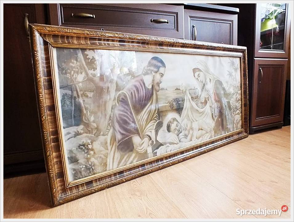 Stary DUŻY Obraz Świętej Rodziny 130x63 W ramie Antyki Antyki, Sztuka, Kolekcje