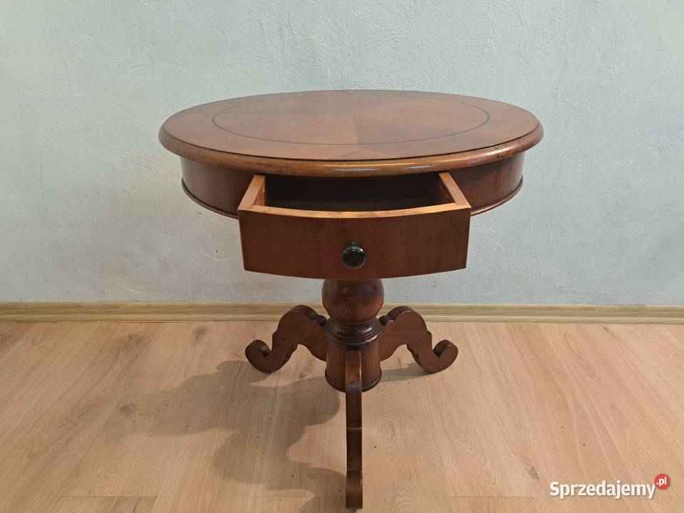 Stolik okrągły drewniany z szufladką trójnóg 71cm Olkusz