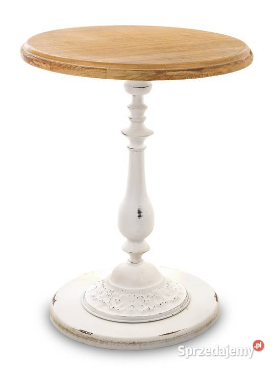 Okragły biały stylizowany postarzany stolik na jednej nodze