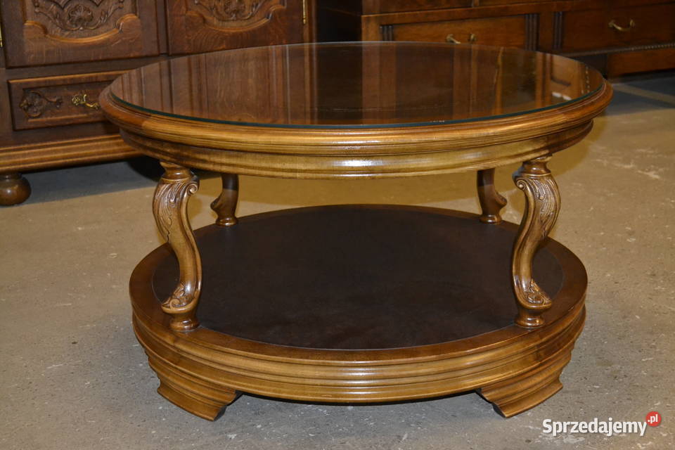 stolik okrągły orzech skóra