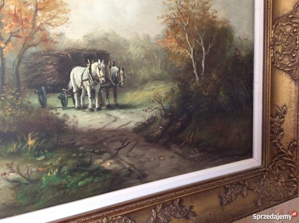 stary obraz olejny zaprzęg koński w lesie Wrocław