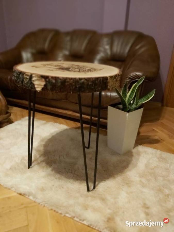 Stolik kawowy z plastra brzozy z grawerem 66cm Dobrzechów sprzedam