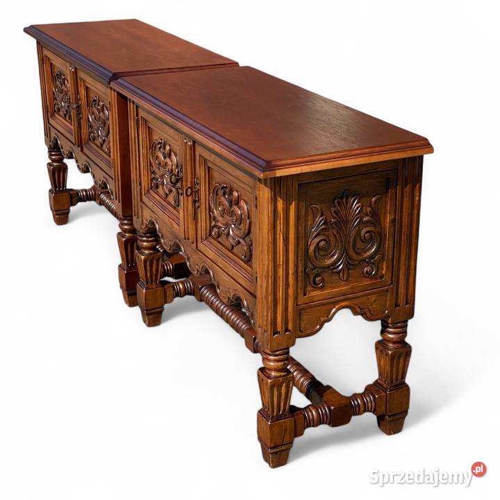 2 rzeźbione komody szafki konsole orzech KOMPLET Antyki, Sztuka, Kolekcje Gryfice