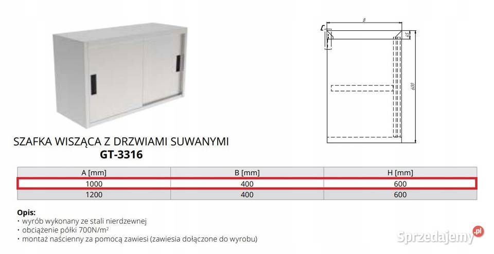 Szafka wisząca z drzwiami suwanymi 1000x400x600 śląskie Góra