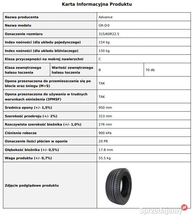 ADVANCE GRD2 31560 R225 Opony napędowe 4 sztuki Ciężarowe podkarpackie Zarębki sprzedam