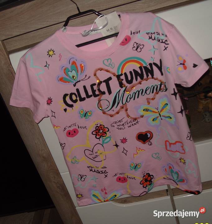 Tshirt NOWY Róż Motyle Serca cekiny cyrkonie r