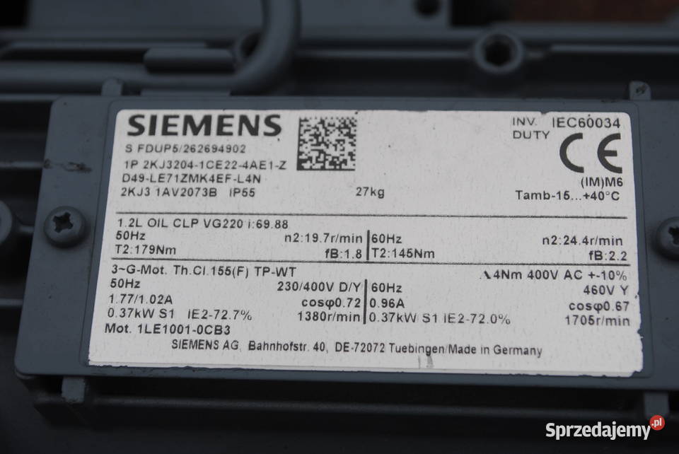Motoreduktor 037kw 197obrmin Firmy Siemens Kargowa