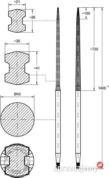Ząb ładowacza prosty profil podwójne T 42x1400 Kamionna