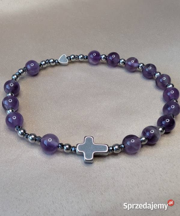 Bransoletka różaniec kamienie ametyst krzyżyk Łowicz
