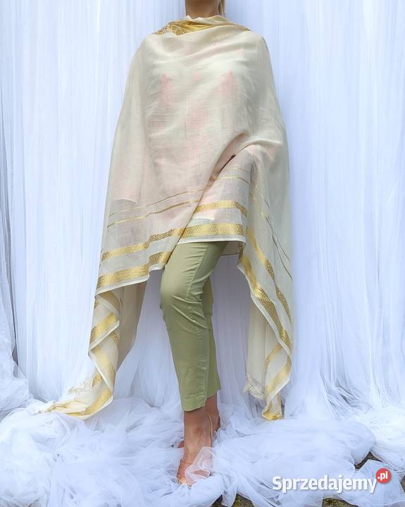 Duża chusta dupatta biała złota hijab hidżab