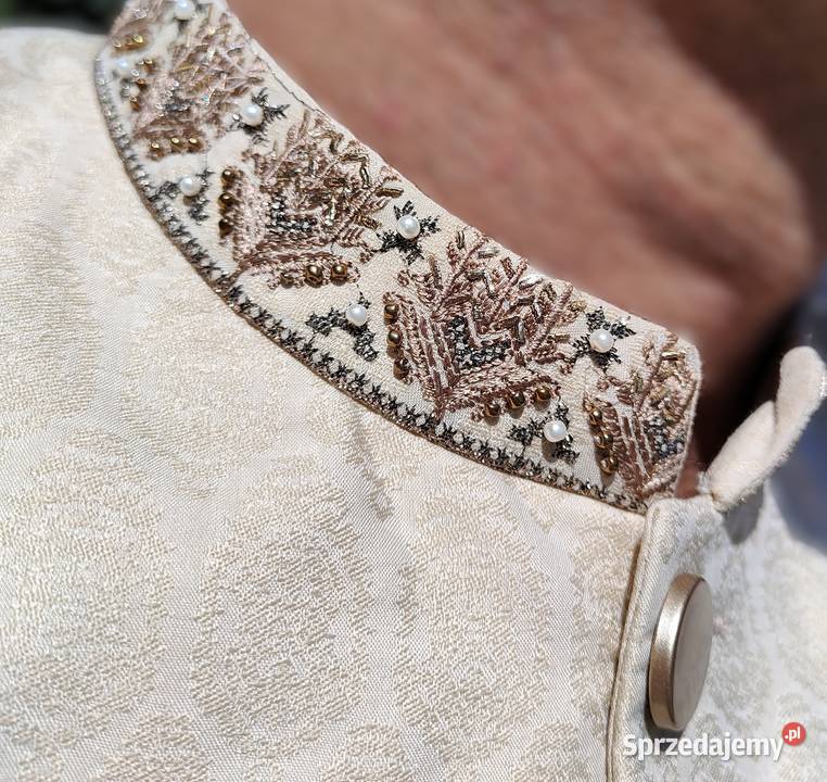 Elegancki indyjski sherwani achkan kremowy haft Szczecin