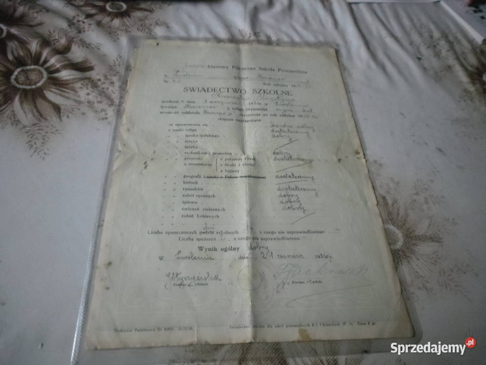 Świadectwo Szkolne szkolny 1936 36 Zwoleń