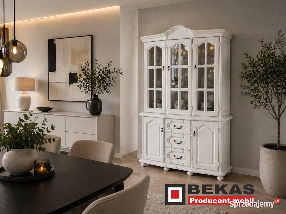 Witryna 120 Biała Korona Blat Dąb Naturalny 199cm Kredensy i witryny Włocławek