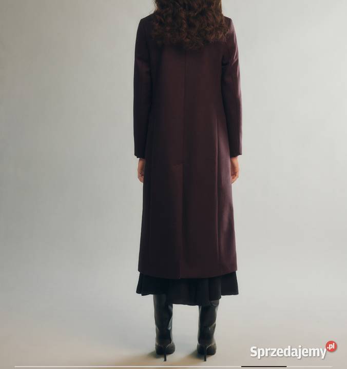 Maxi długi płaszcz 80 wełna owcza XS s m fioletowy