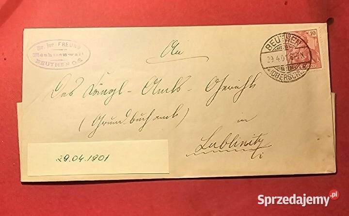 Koperta Listu z gabinetu Dr Freund a z 1901 roku Katowice
