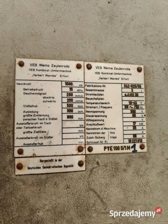 Prasa hydrauliczna WMW PYE 100 S1M Lubicz Górny sprzedam