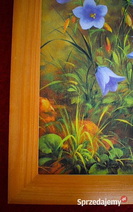 Niebieskie dzwonki mała reprodukcja w drewnianej