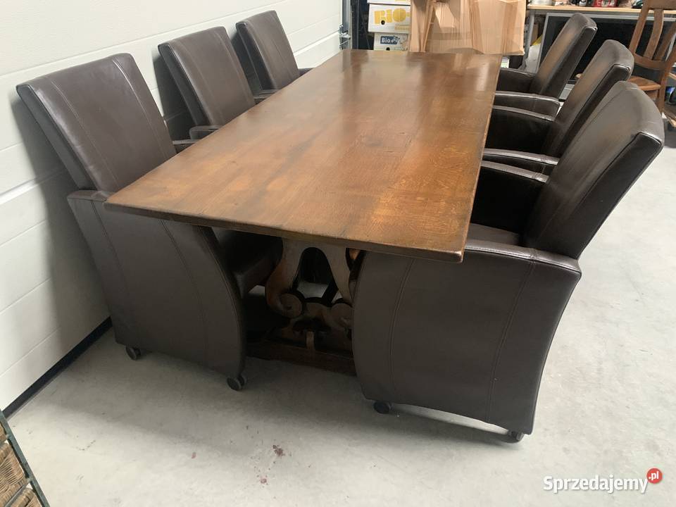 Piękny komplet dębowy stół 215 6 skórzanych Sławoszewek