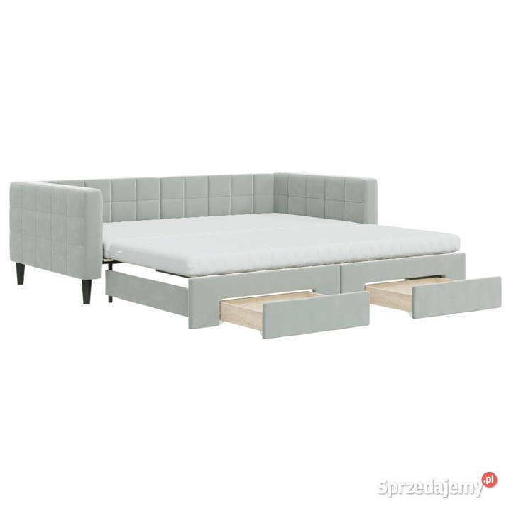 Sofa rozsuwana z szufladami jasnoszara aksamit Łóżka