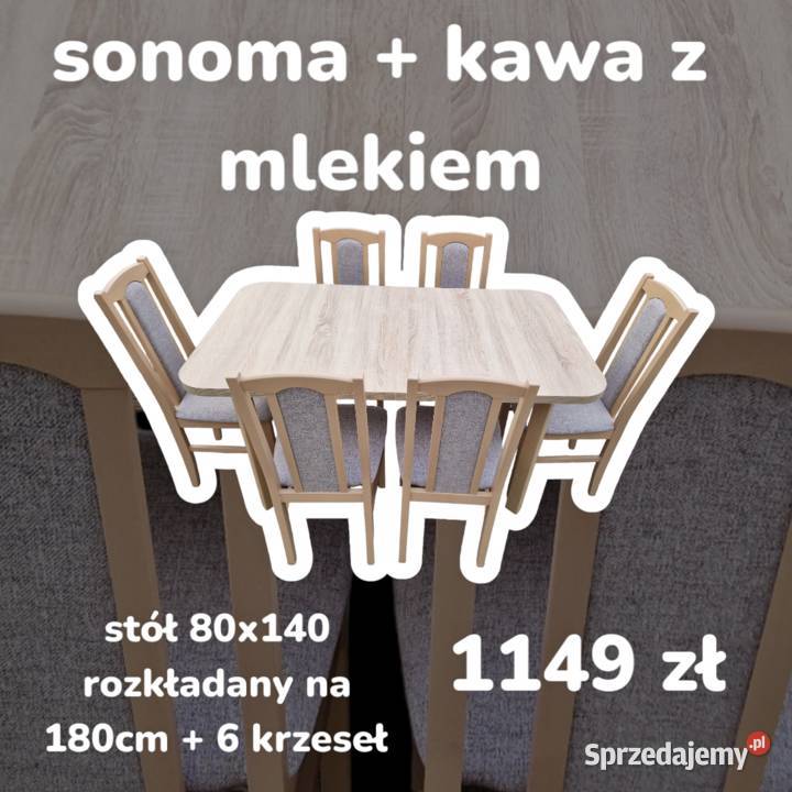 Nowe: Stół 80x140/180 + 6 krzeseł, SONOMA + KAWA Z MLEKIEM
