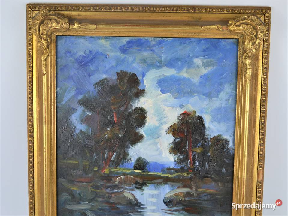 Pejzaż olej na płycie technika mieszana nóż mazowieckie