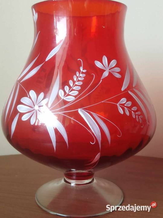 Duży Kielich Dekoracyjny Czerwony Kwiaty 1980 dolnośląskie Wałbrzych