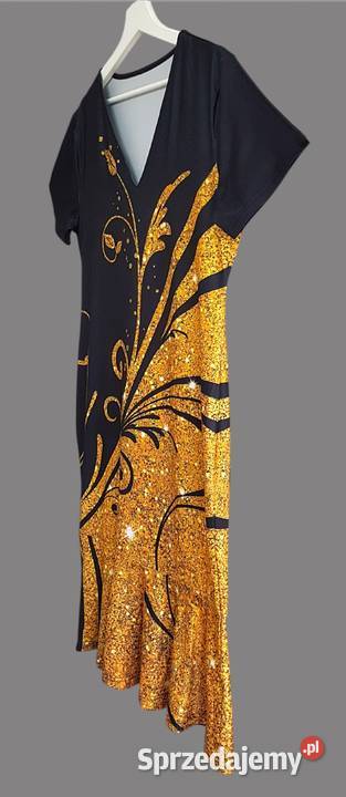 Damska sukienka czarnażółta w kwiaty z krótkim