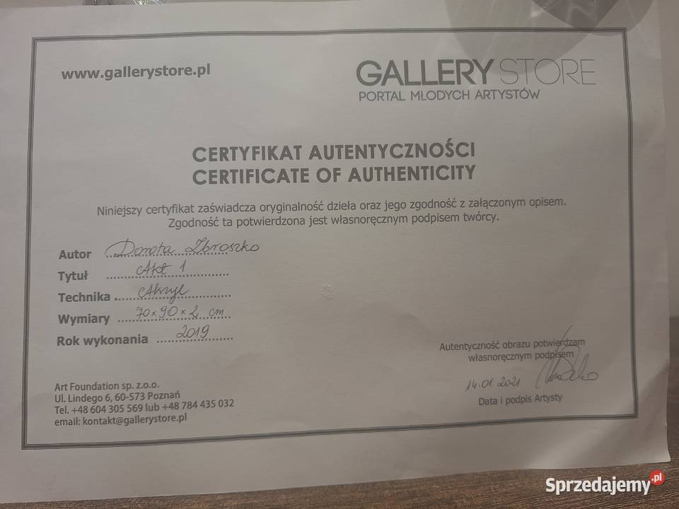 Dorora Zbroszko Akt 1 akryl 70x90x2 sprzedam