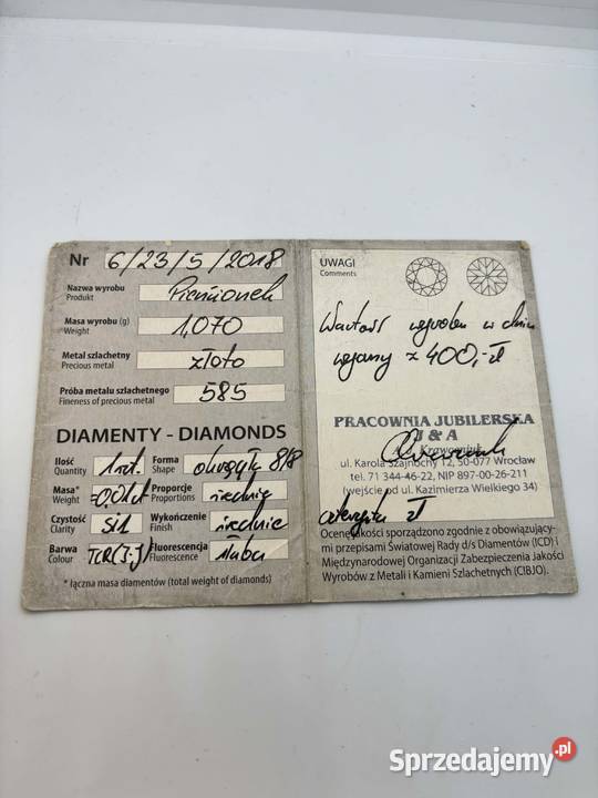 Złoty pierścionek pr 585 107g Rozmiar 13 z Elbląg