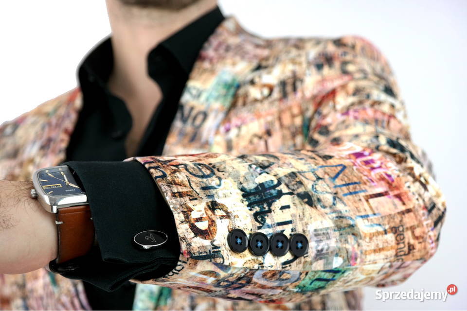 GIOVANNI PERA Marynarka Męska D809 Beżowa napisy brązowy/beżowy Ostrów Wielkopolski