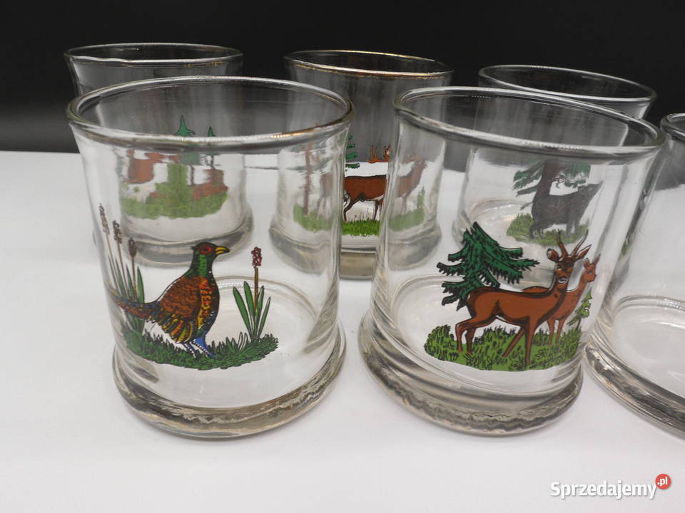 Zestaw 6 Szklanek Myśliwskich Vintage Zwierzyna Porcelana i szkło wielkopolskie Raszków sprzedam