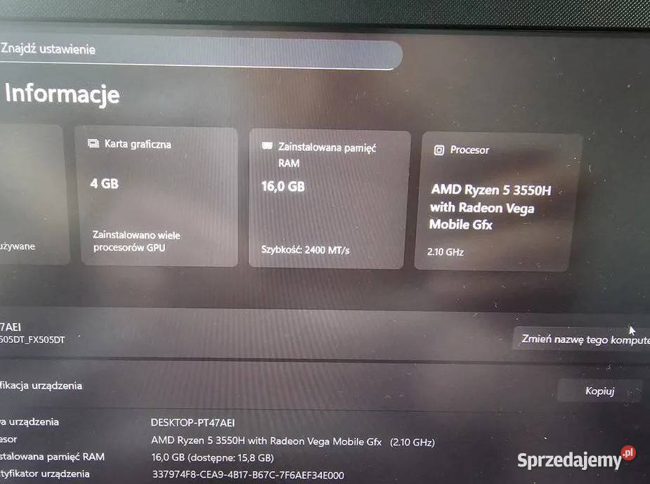 Asus TUF Gaming Ryzen 5 120Hz GTX1650 4GB16GB małopolskie